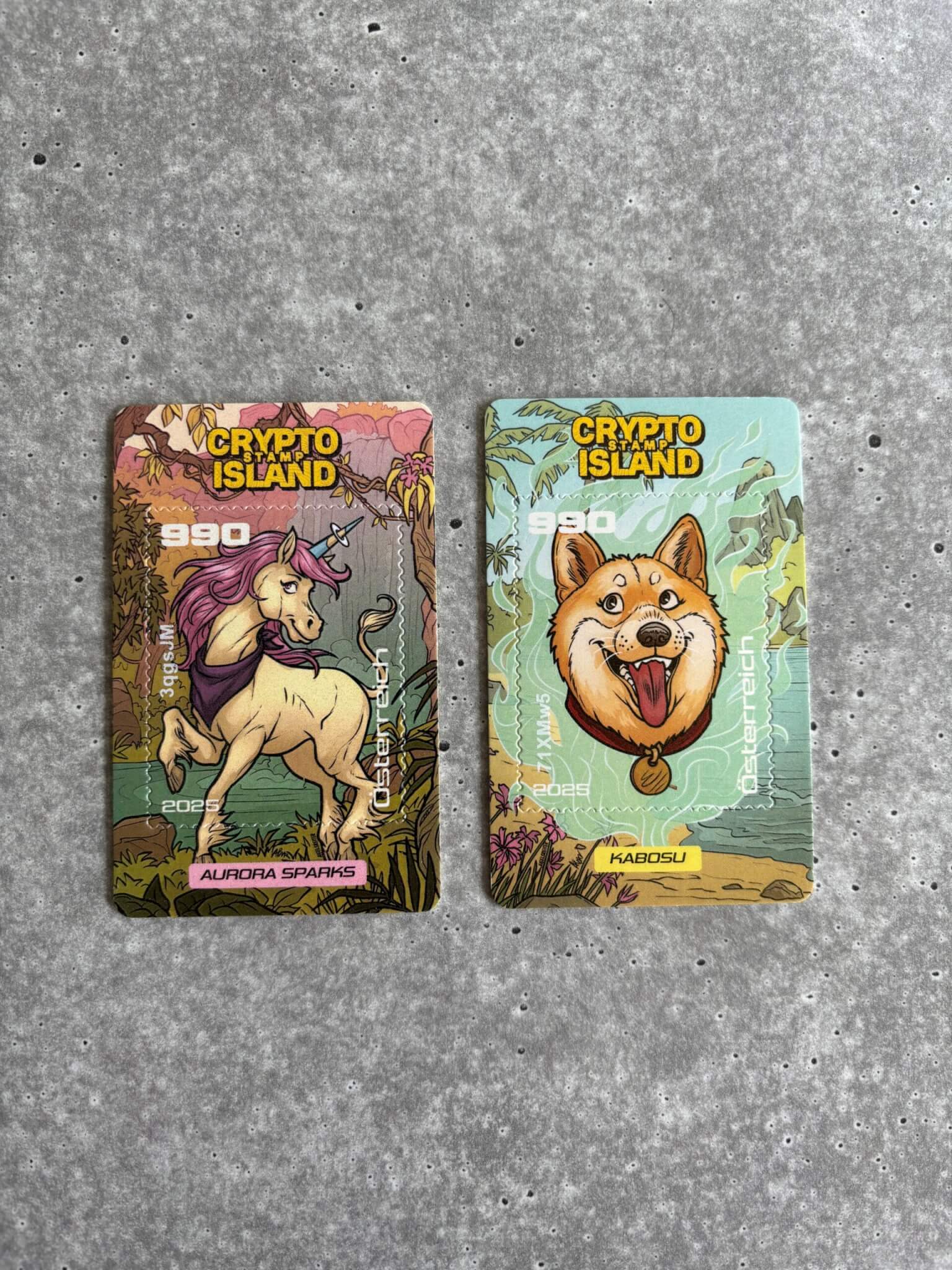 Crypto Stamp Island – Aurora Sparks & Kabosu (Austria)